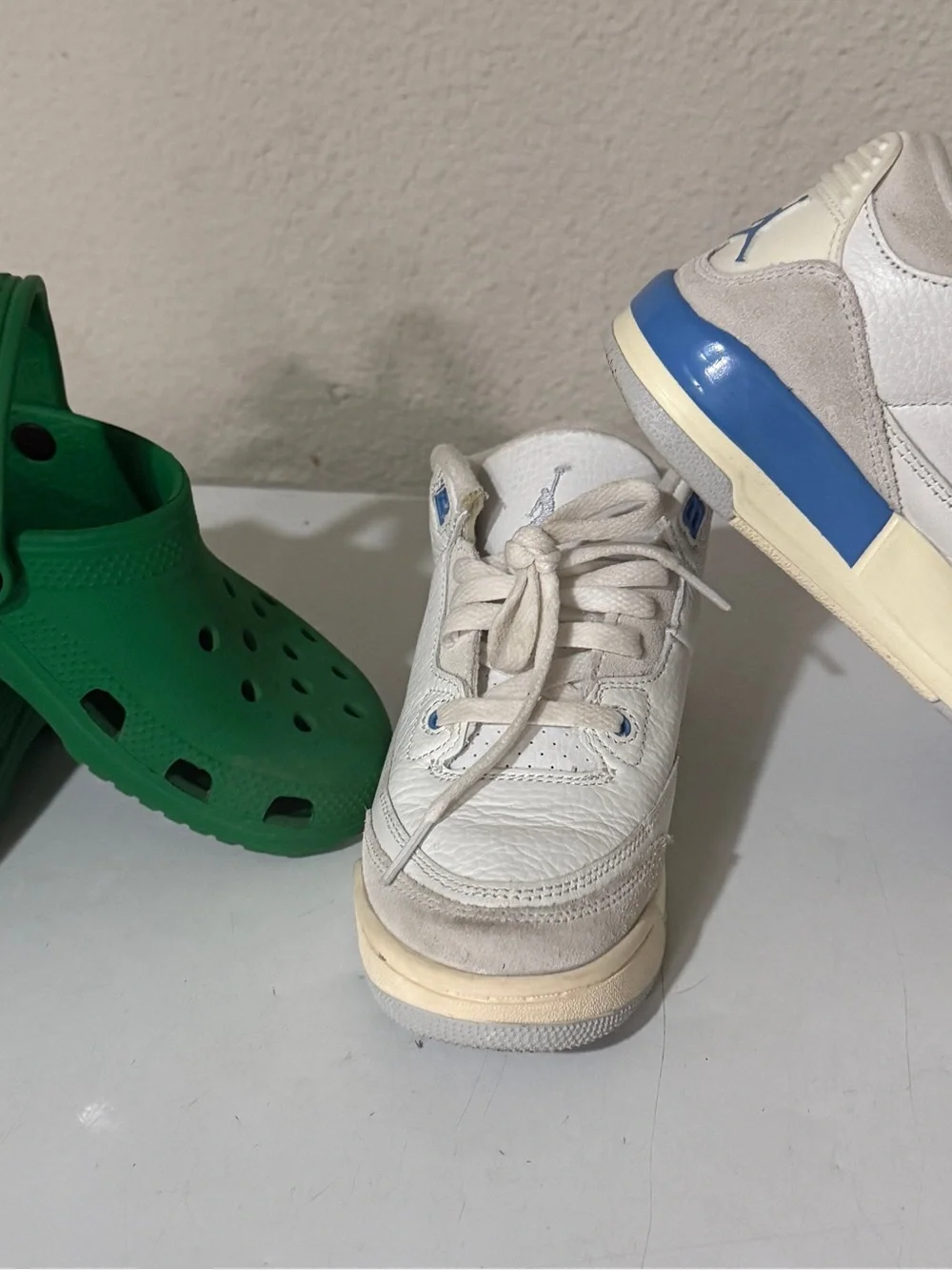 Jordan Kids White and Light Blue Leather Sneakers and crocs  BOTH FOR $40